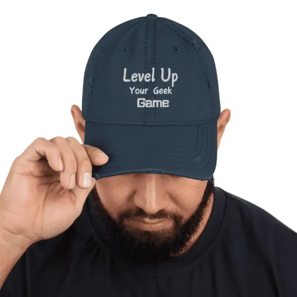 casquette effet usé level up your geek game bleu marine avec broderie blanche