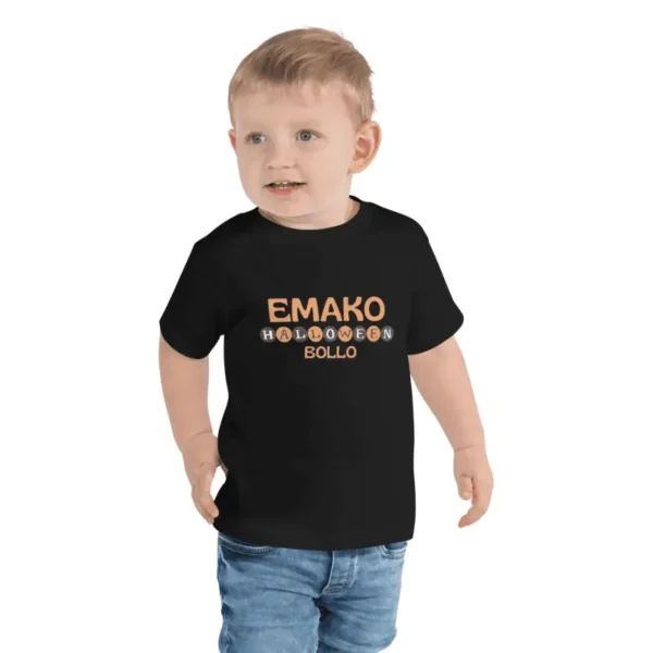 enfant en bas âge souriant arborant un t-shirt enfant pas cher noir EmakoBollo halloween