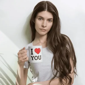 femme âge moyen tenant en main un mug couple imprimé I love You