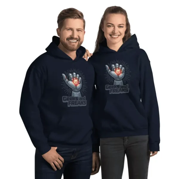 couple arborant fièrement un sweat capuche robo dice bleu marine